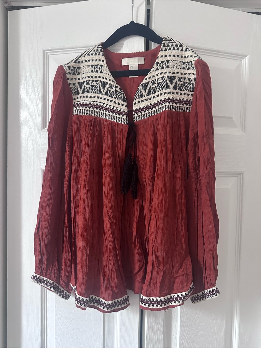 H&M Rust Boho Embroidered Yoke Blouse